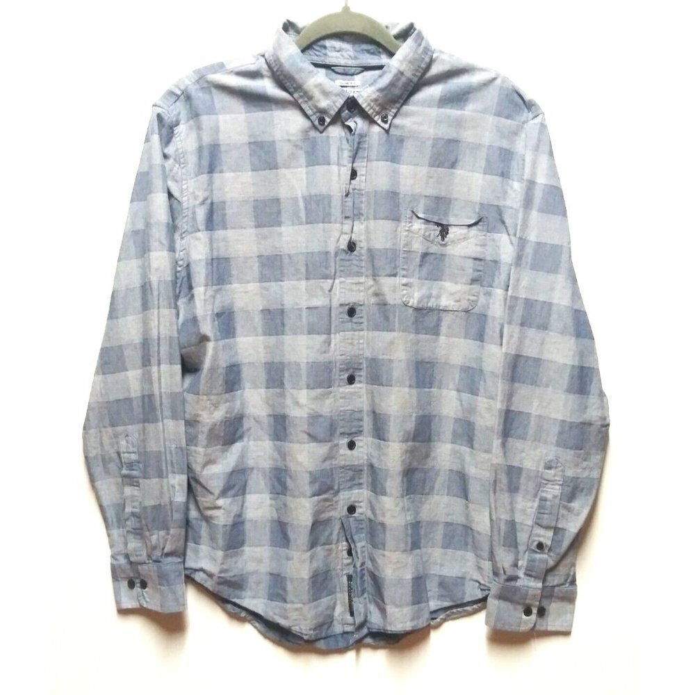US Polo Assn Button Down Shirt Mens XL Gray Plaid Slim Fit LS black mallet EUC